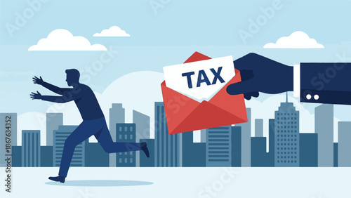 Man Running From Tax Letter in City Skyline, Financial Burden Concept