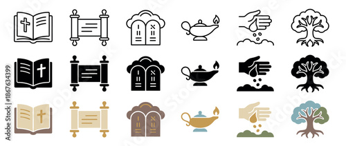 Set of religious icons for Christianity and Judaism in three styles: line, glyph, and color, showing the Bible, Torah, and Ten Commandments