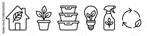Set of black line art eco-friendly icons representing sustainability, green living, and zero waste concepts like recycling and natural products