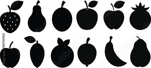 Collection of diverse fruit silhouettes on a white background, featuring apples, strawberries, bananas, and more for graphic design