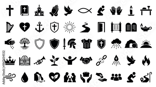 Large set of black Christian religious icons representing faith, spirituality, and biblical concepts in a simple glyph style