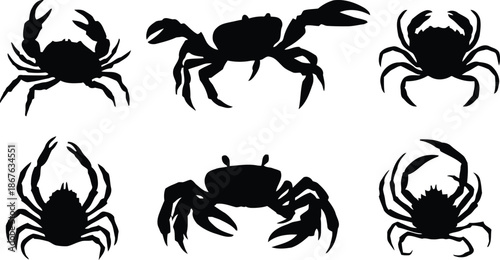 crab, silhouette, sea, animal, marine, ocean, wildlife, nature, vector, illustration, crustacean, shell, claw, creature, isolated, graphic, design, element, black, shape, collection, set, transparent,