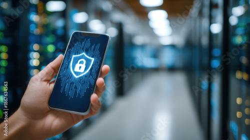 Secure mobile phone displaying shield lock icon protecting data server room environment, conveying digital security