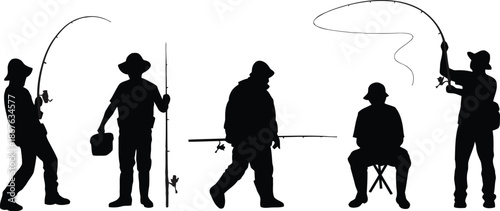 fishing, silhouette, man, casting, waiting, vector, illustration, outdoor, recreation, hobby, angler, fisherman, pole, rod, lake, river, sport, activity, nature, water, catch, hook, outline, black, wh