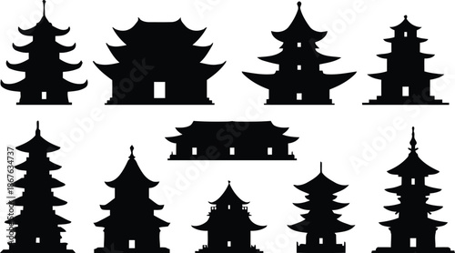 pagoda, silhouette, asian, building, architecture, temple, oriental, chinese, japanese, culture, heritage, vector, illustration, isolated, transparent, landmark, religious, exterior, design, east, tra