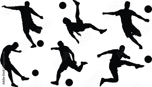 soccer, player, silhouette, football, sport, vector, action, kick, jump, run, ball, pose, movement, dynamic, fitness, activity, recreation, illustration, graphic, design, team, athlete, male, man, per