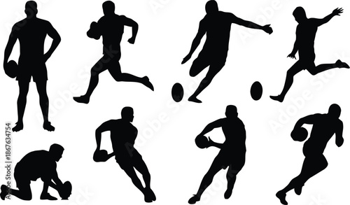 silhouette, rugby, player, sport, athlete, activity, running, kicking, throwing, ball, action, game, health, healthy, lifestyle, fitness, exercise, team, graphic, illustration, vector, design, element