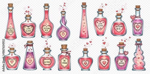 Set of various magic love potion bottles with hearts for Valentine's Day.