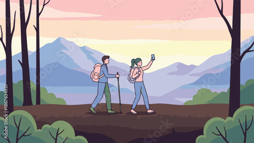 Couple hiking in scenic mountain landscape, enjoying nature and taking photos