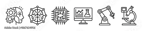 Set of black line icons representing artificial intelligence, science, and technology, including a brain, chip, robot arm, and microscope
