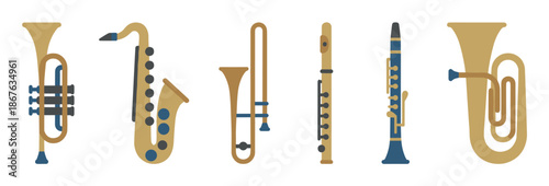 Set of brass and woodwind instruments including a tuba, saxophone, trombone, flute, and clarinet in a minimalist flat design style, arranged horizontally