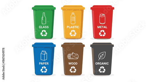 Set of colorful recycling bins for waste segregation and environmental protection
