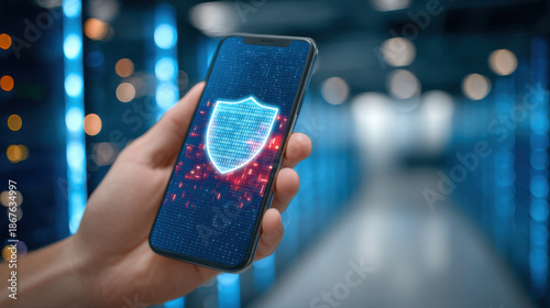 Hand holding smartphone with digital shield on screen in data center corridor, cyber security protection concept