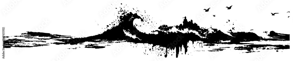 Obraz premium Grunge ink style drawing of ocean waves and flying birds