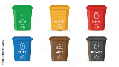 Set of Colorful Recycling Bins for Waste Separation and Management