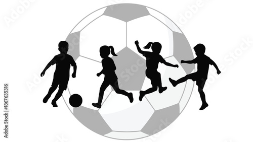 Dynamic silhouettes of diverse children playing soccer on a graphic ball background