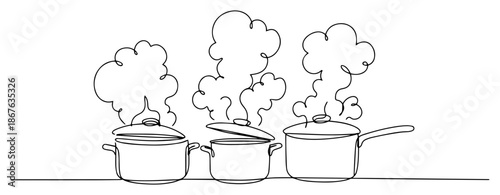 Continuous one line drawing of three cooking pots with steam rising up
