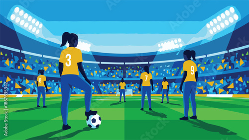 Illustration of a women's soccer team playing in a stadium