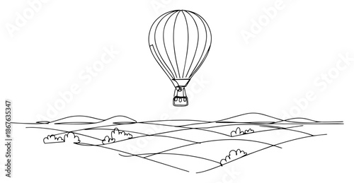 Continuous line drawing of hot air balloon flying over rolling hills and fields