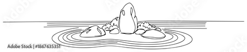 Continuous line drawing of a peaceful zen garden with rocks and sand ripples