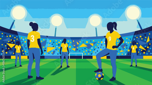 Female soccer players on a pitch in a lit stadium at night