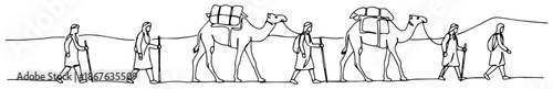 Continuous one line drawing of a desert caravan with camels and people