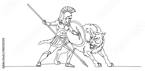Continuous line drawing of ancient greek warrior fighting a wild lion