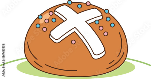 A delightful cartoon hot cross bun illustration perfectly baked with a white cross and colorful sprinkles representing traditional Easter holiday food on a light green base