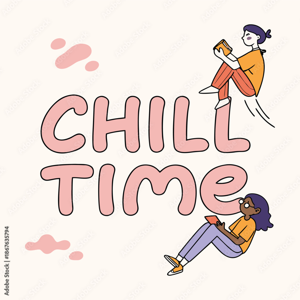 Fototapeta premium Relaxed Mood Illustration — Rounded Lettering and Minimal Cartoon Humans and Animals
