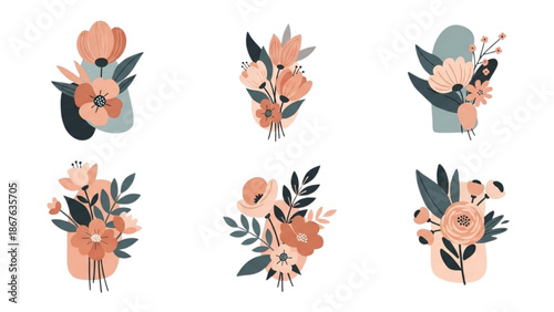Collection of floral illustrations featuring various flowers and leaves in soft peach and green hues on a white background