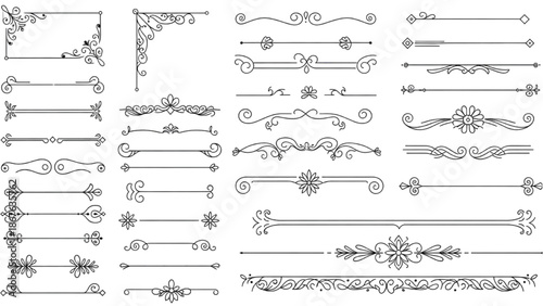 Collection of ornate decorative elements and flourishes in black and white illustrations