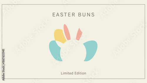 Minimalist charming Easter bunny illustration featuring a stylized white silhouette with delicate pink ears and pastel colored eggs