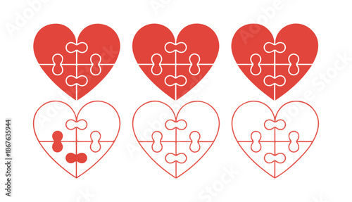 Puzzle Heart Icon Set. Love, Connection and Relationship Symbol Collection. Vector illustration eps 10
