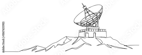 Continuous line drawing of a satellite dish station on a rocky mountain