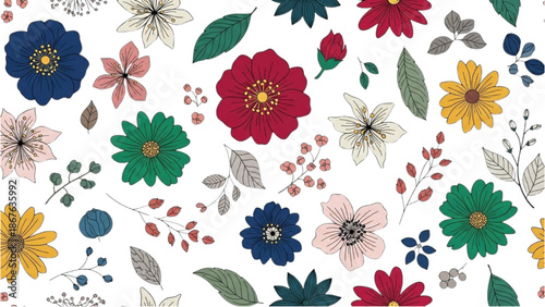 A vibrant arrangement of colorful flowers and leaves on a white background from a top-down viewpoint