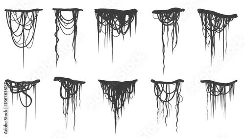 Collection of black ink splatter illustrations on white background from various viewpoints