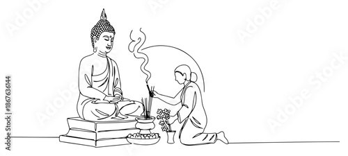 Continuous line drawing of a woman praying before a buddha statue