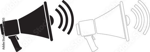 Megaphone icons with sound waves, black filled and outlined