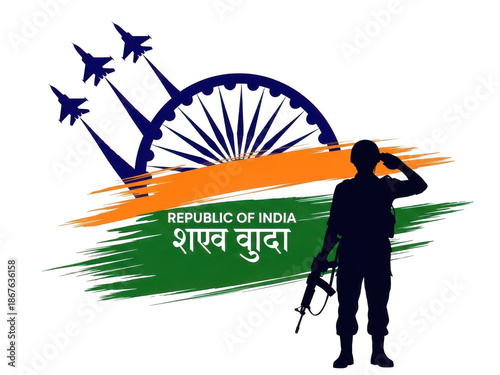 Indian soldier saluting with ashoka chakra and fighter jets isolated on transparent background
