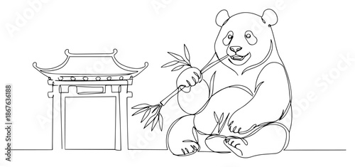 Continuous line drawing of a giant panda eating bamboo near a chinese gate