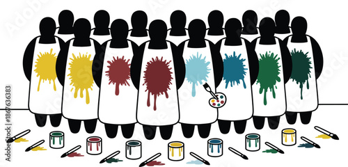 Creative artist group wearing white aprons with colorful paint splatters standing with paint cans and brushes artwork