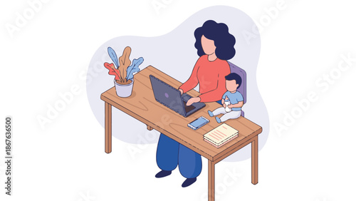 Working Mother Home Office Vector Illustration