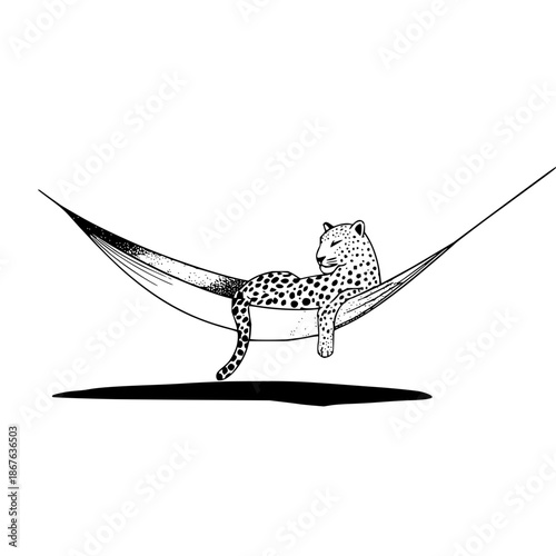 Leopard lounging in a hammock with a relaxed pose and a shadow underneath in a black and white drawing