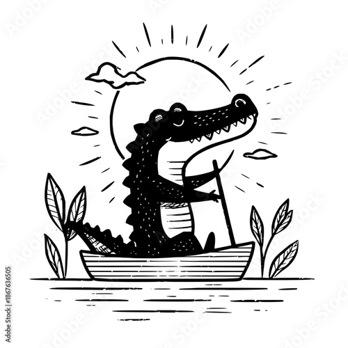Illustration of a crocodile rowing a boat with a sun and clouds in the background design style