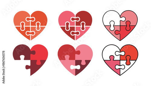 Puzzle Heart Icon Set. Love, Connection and Unity Symbols. Vector illustration eps 10