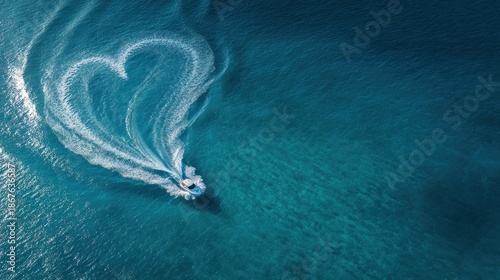 A speedboat moves through clear blue water, leaving behind heart-shaped ripples. People enjoy their time on the boat under a bright and sunny sky