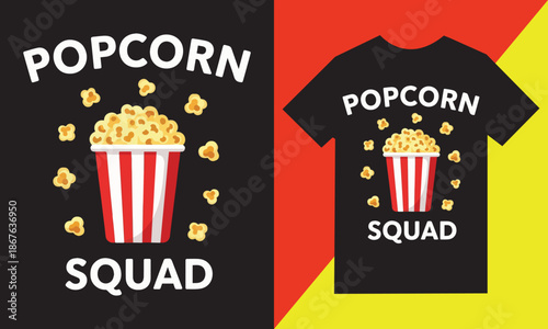 Popcorn squad graphic design featuring a classic striped bucket with floating kernels
