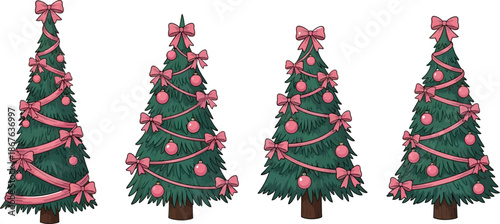 Four Decorated Christmas Trees with Pink Ornaments and Ribbons