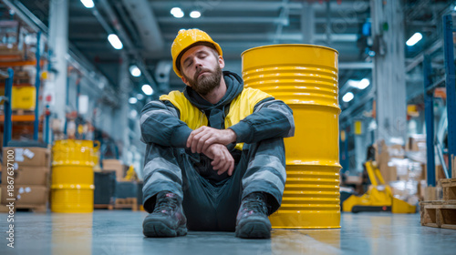 Worker in yellow hard hat resting beside barrels in a warehouse during the day shift