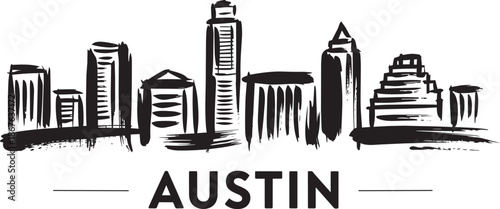 Stylized brush stroke drawing of austin texas city buildings in monochrome graphic style